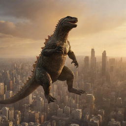 Godzilla-sized lizard carrying the delighted child in its claws, as they soar high above the cityscape, showered in the golden light of sunset.