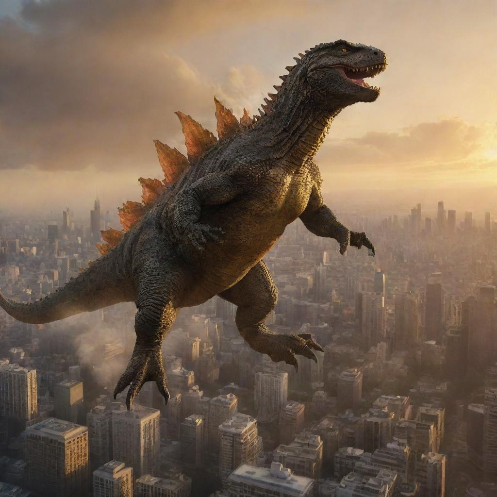 Godzilla-sized lizard carrying the delighted child in its claws, as they soar high above the cityscape, showered in the golden light of sunset.