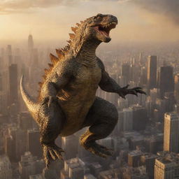 Godzilla-sized lizard carrying the delighted child in its claws, as they soar high above the cityscape, showered in the golden light of sunset.