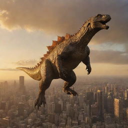 Godzilla-sized lizard carrying the delighted child in its claws, as they soar high above the cityscape, showered in the golden light of sunset.