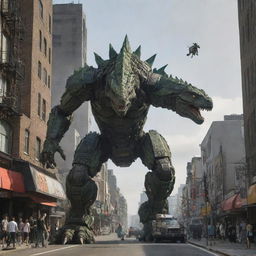 The child morphs into a colossal, intricately designed mech mid-air, maintaining its playful connection with the Godzilla-sized lizard as they continue their journey over the urban landscape.