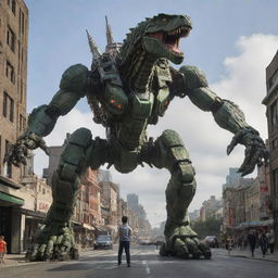 The child morphs into a colossal, intricately designed mech mid-air, maintaining its playful connection with the Godzilla-sized lizard as they continue their journey over the urban landscape.