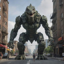 The child morphs into a colossal, intricately designed mech mid-air, maintaining its playful connection with the Godzilla-sized lizard as they continue their journey over the urban landscape.