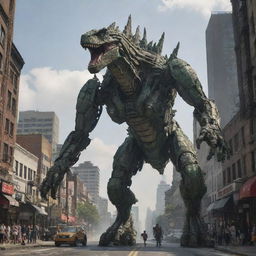 The child morphs into a colossal, intricately designed mech mid-air, maintaining its playful connection with the Godzilla-sized lizard as they continue their journey over the urban landscape.