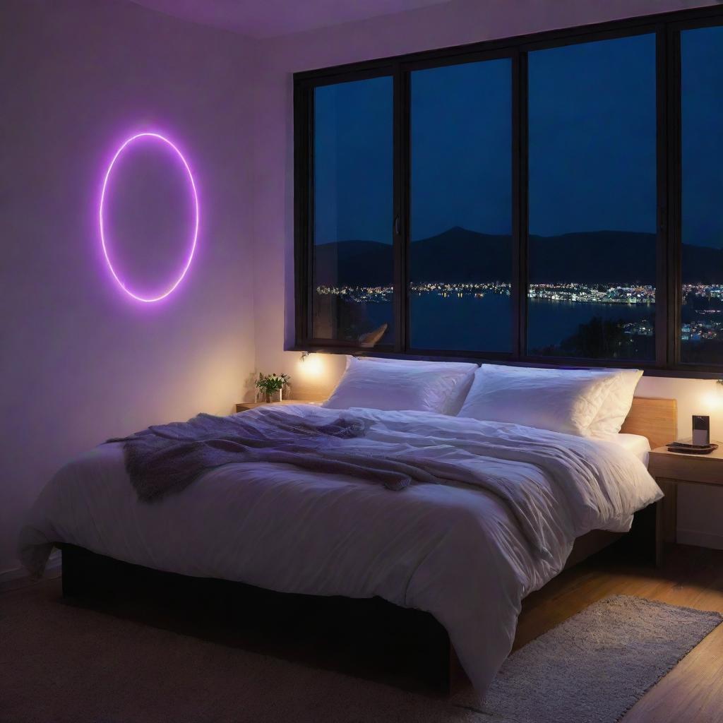 A peaceful bedroom at night with ambient lighting from neon lights seen through the window, creating a calm and serene sleeping environment.