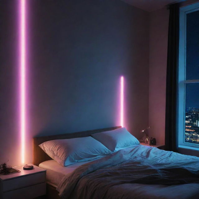 A peaceful bedroom at night with ambient lighting from neon lights seen through the window, creating a calm and serene sleeping environment.