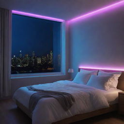 A peaceful bedroom at night with ambient lighting from neon lights seen through the window, creating a calm and serene sleeping environment.