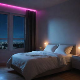 A peaceful bedroom at night with ambient lighting from neon lights seen through the window, creating a calm and serene sleeping environment.