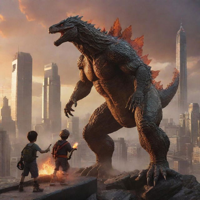 The Godzilla-sized lizard and the child-turned-mech lock into an epic battle stance, ready to engage in a friendly duel, towering over the cityscape bathed in the fiery hues of sunset.