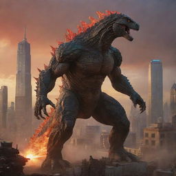 The Godzilla-sized lizard and the child-turned-mech lock into an epic battle stance, ready to engage in a friendly duel, towering over the cityscape bathed in the fiery hues of sunset.