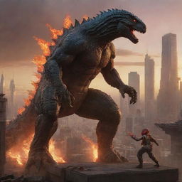 The Godzilla-sized lizard and the child-turned-mech lock into an epic battle stance, ready to engage in a friendly duel, towering over the cityscape bathed in the fiery hues of sunset.