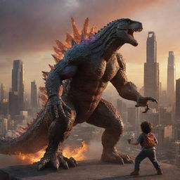 The Godzilla-sized lizard and the child-turned-mech lock into an epic battle stance, ready to engage in a friendly duel, towering over the cityscape bathed in the fiery hues of sunset.