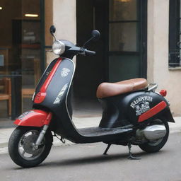 A scooter decorated with the logo of 'La Piraterie', associated with the rapper Booba. The logo should be prominent, meticulous, and should harmonize with the scooter's overall aesthetic.