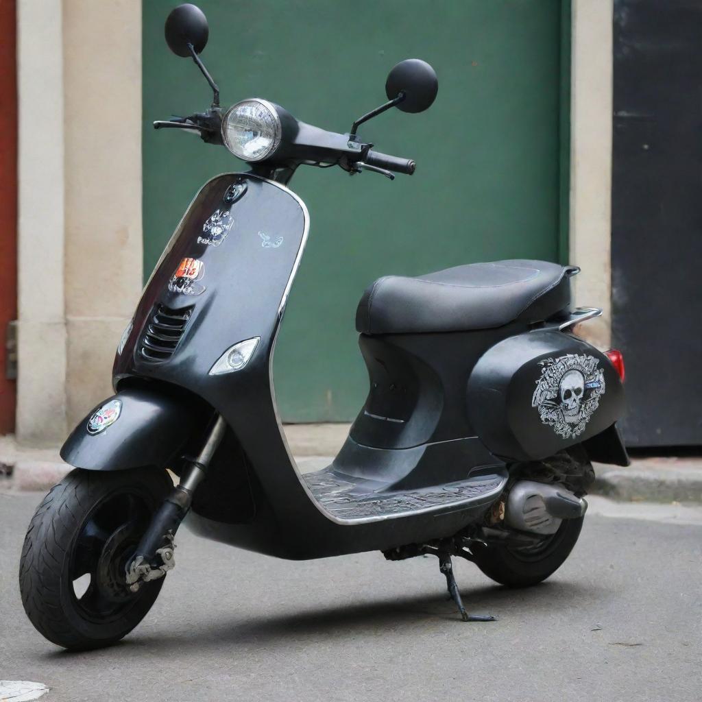 A scooter decorated with the logo of 'La Piraterie', associated with the rapper Booba. The logo should be prominent, meticulous, and should harmonize with the scooter's overall aesthetic.