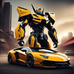 A thrilling digital art piece depicting a Lamborghini as an Autobot from the Transformers franchise