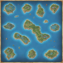 Generate a map featuring 10 distinct islands, each connected via sea routes. One island serves as the starting point and another as the endgame destination, with all islands in between teeming with different types of monsters.