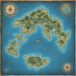 Generate a map featuring 10 distinct islands, each connected via sea routes. One island serves as the starting point and another as the endgame destination, with all islands in between teeming with different types of monsters.