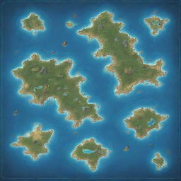 Generate a map featuring 10 distinct islands, each connected via sea routes. One island serves as the starting point and another as the endgame destination, with all islands in between teeming with different types of monsters.