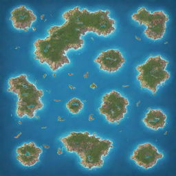 Generate a map featuring 10 distinct islands, each connected via sea routes. One island serves as the starting point and another as the endgame destination, with all islands in between teeming with different types of monsters.