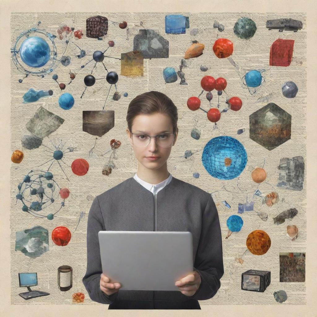 Create a collage representing the interaction of science, technology, and society. Include recognizable elements such as molecules, computer chips, people, and symbols of communication and modernity.