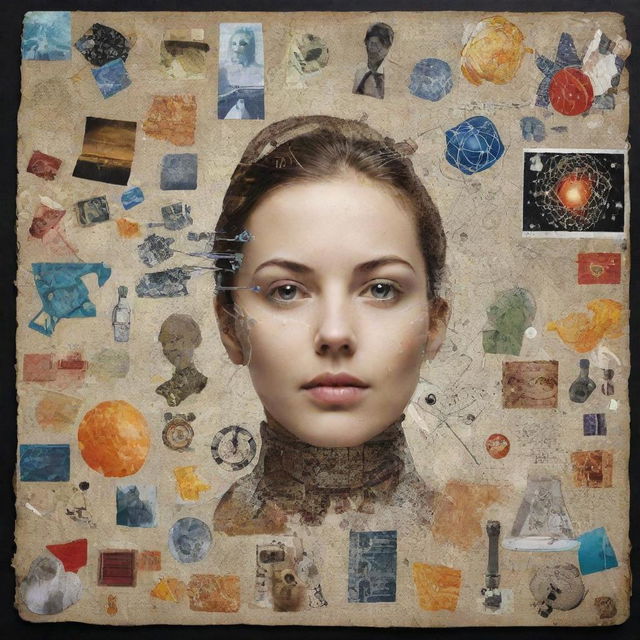 Create a collage representing the interaction of science, technology, and society. Include recognizable elements such as molecules, computer chips, people, and symbols of communication and modernity.