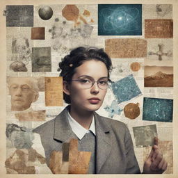 Create a collage representing the interaction of science, technology, and society. Include recognizable elements such as molecules, computer chips, people, and symbols of communication and modernity.