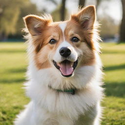 A lively and cheerful dog with fluffy fur, radiant eyes, and a wagging tail in a backdrop of a green sunny park.