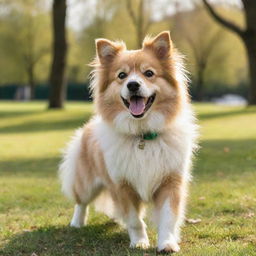 A lively and cheerful dog with fluffy fur, radiant eyes, and a wagging tail in a backdrop of a green sunny park.