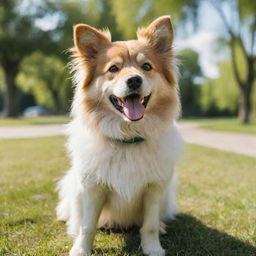 A lively and cheerful dog with fluffy fur, radiant eyes, and a wagging tail in a backdrop of a green sunny park.