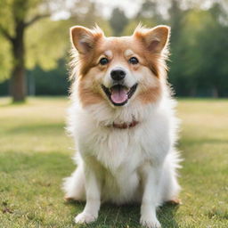 A lively and cheerful dog with fluffy fur, radiant eyes, and a wagging tail in a backdrop of a green sunny park.