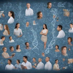 Generate a dynamic collage depicting the interaction and interconnectedness of science, technology, and society featuring symbols like DNA strands, microchips, social media icons, and diverse human figures.