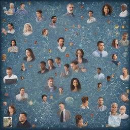 Generate a dynamic collage depicting the interaction and interconnectedness of science, technology, and society featuring symbols like DNA strands, microchips, social media icons, and diverse human figures.