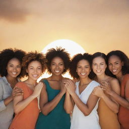 A powerful image of a diverse group of women standing together, their eyes filled with determination and hands clasped, symbolizing unity, strength, and empowerment. The background features a rising sun, radiating positive energy.