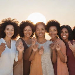 A powerful image of a diverse group of women standing together, their eyes filled with determination and hands clasped, symbolizing unity, strength, and empowerment. The background features a rising sun, radiating positive energy.