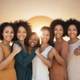 A powerful image of a diverse group of women standing together, their eyes filled with determination and hands clasped, symbolizing unity, strength, and empowerment. The background features a rising sun, radiating positive energy.