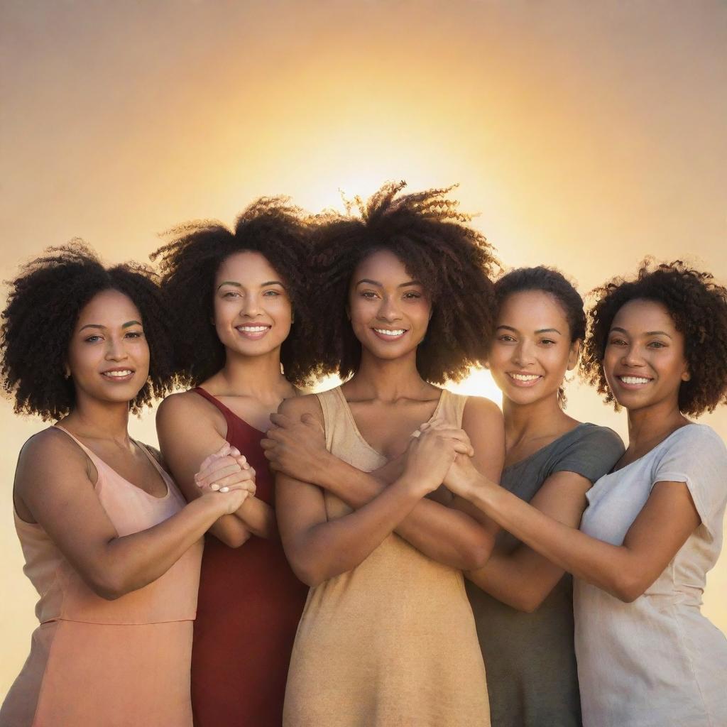 A powerful image of a diverse group of women standing together, their eyes filled with determination and hands clasped, symbolizing unity, strength, and empowerment. The background features a rising sun, radiating positive energy.