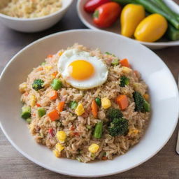 A vivid image of a delicious looking, steaming hot bowl of fried rice with colorful vegetables and scrambled egg garnish.