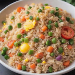 A vivid image of a delicious looking, steaming hot bowl of fried rice with colorful vegetables and scrambled egg garnish.