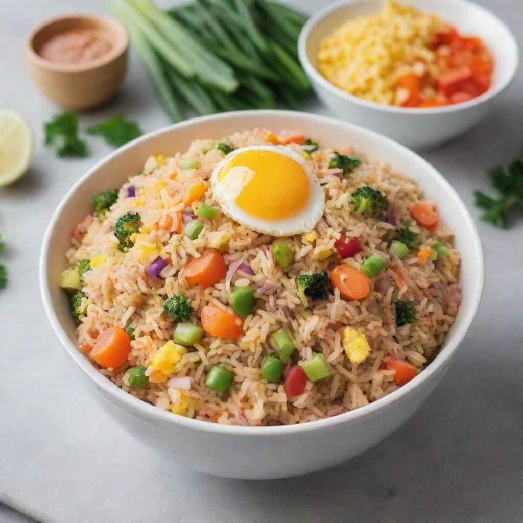 A vivid image of a delicious looking, steaming hot bowl of fried rice with colorful vegetables and scrambled egg garnish.