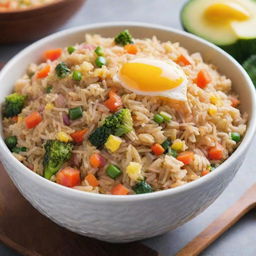 A vivid image of a delicious looking, steaming hot bowl of fried rice with colorful vegetables and scrambled egg garnish.