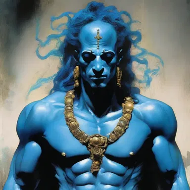 The god had unnaturally blue skin, a sign of their divine power and uniqueness among mortals.