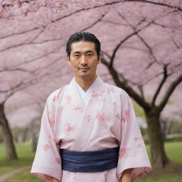 A dignified, traditional Japanese man wearing a kimono, with a calm, friendly expression, standing in front of a cherry blossom tree.