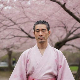 A dignified, traditional Japanese man wearing a kimono, with a calm, friendly expression, standing in front of a cherry blossom tree.