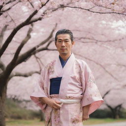 A dignified, traditional Japanese man wearing a kimono, with a calm, friendly expression, standing in front of a cherry blossom tree.