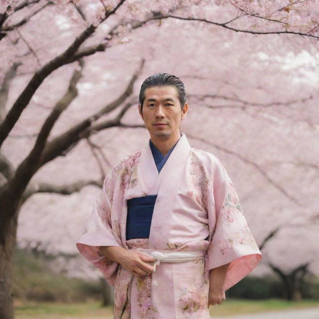 A dignified, traditional Japanese man wearing a kimono, with a calm, friendly expression, standing in front of a cherry blossom tree.