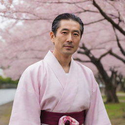 A dignified, traditional Japanese man wearing a kimono, with a calm, friendly expression, standing in front of a cherry blossom tree.