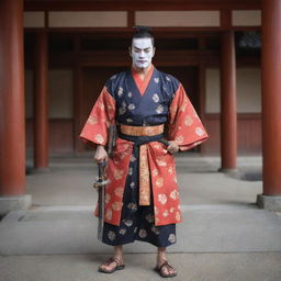 Enhance the image of the traditional Japanese man with more details such as a samurai sword, a Kabuki mask in hand, and wearing Geta sandals, in an ancient temple backdrop.