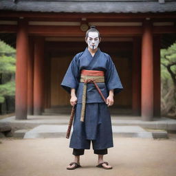 Enhance the image of the traditional Japanese man with more details such as a samurai sword, a Kabuki mask in hand, and wearing Geta sandals, in an ancient temple backdrop.