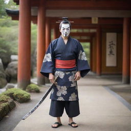 Enhance the image of the traditional Japanese man with more details such as a samurai sword, a Kabuki mask in hand, and wearing Geta sandals, in an ancient temple backdrop.