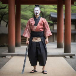 Enhance the image of the traditional Japanese man with more details such as a samurai sword, a Kabuki mask in hand, and wearing Geta sandals, in an ancient temple backdrop.